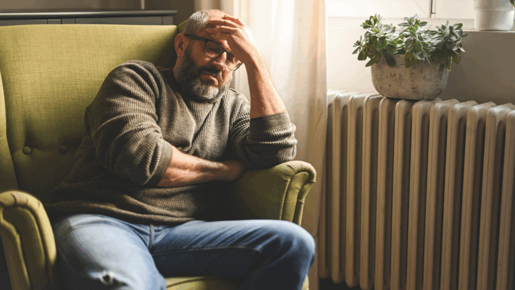 A weary man, a caregiver, sits in a chair with his head in his hands, reflecting his fatigue and stress.